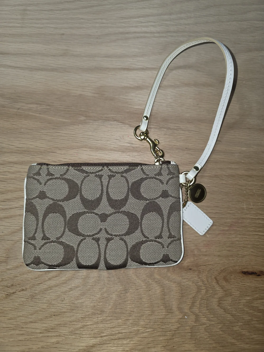 Coach Brown Signature Wristlet with Multicolor Stripe Accent